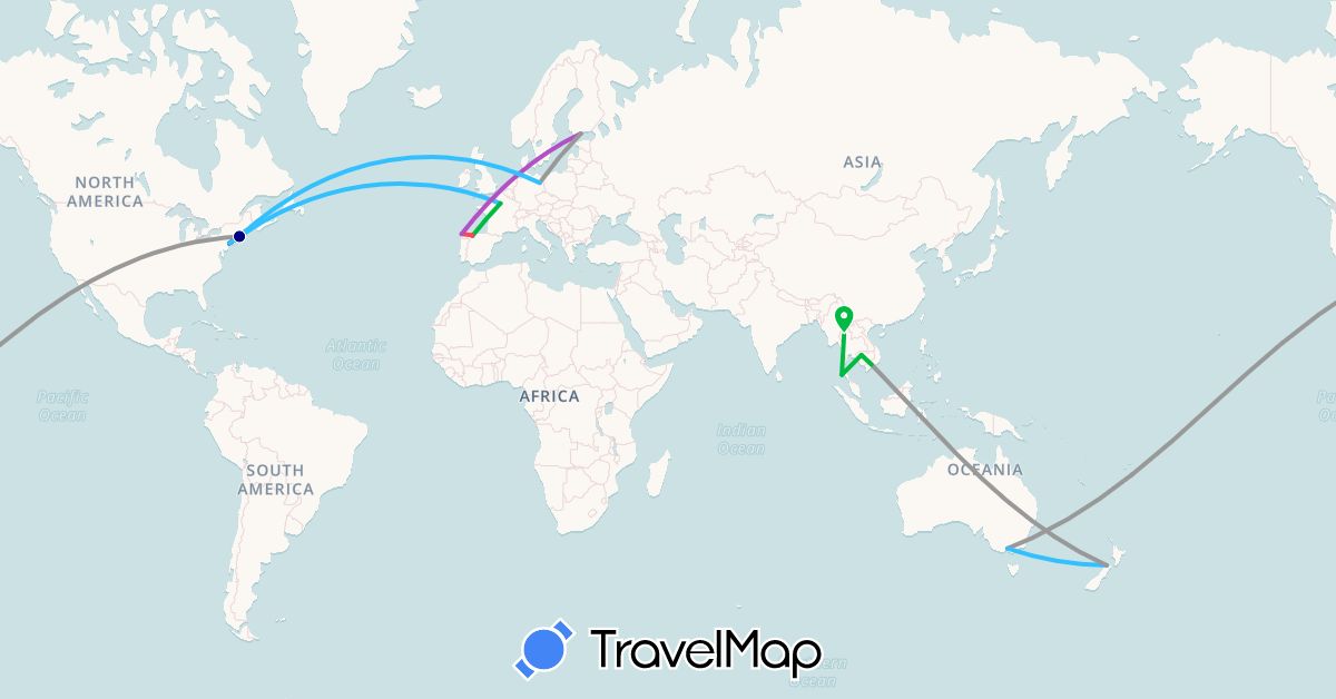 TravelMap itinerary: driving, bus, plane, train, hiking, boat in Australia, Germany, Spain, Finland, France, Cambodia, New Zealand, Thailand, United States, Vietnam (Asia, Europe, North America, Oceania)